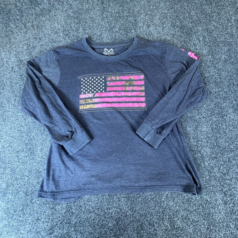 Realtree by Crooked Antler T Shirt Womens XL‎ Blue Cotton American Flag Graphic